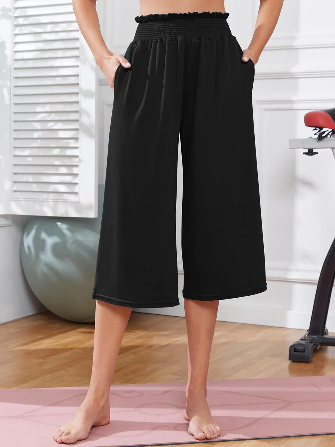 iChunhua Wide Leg Capri Yoga Pants for Women Loose Summer Ruffles High Rise Cropped Bottom with Pockets