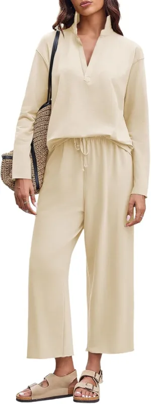 Imily Bela Womens 2 Piece Outfits Sweatsuit Long Sleeve V Neck Sweatshirt Wide Leg Cropped Pants Lounge Set Tracksuit