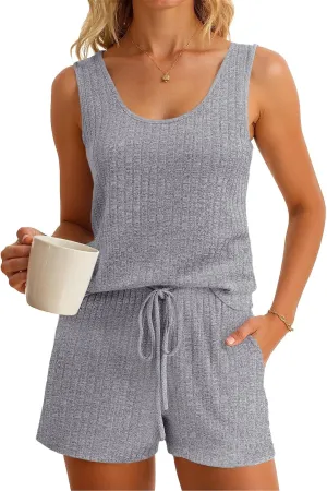 Imily Bela Womens Pajama Sets 2 Piece Sleeveless Summer Pjs Ribbed Knit Tank Top and Shorts Cute Lounge Sleepwear