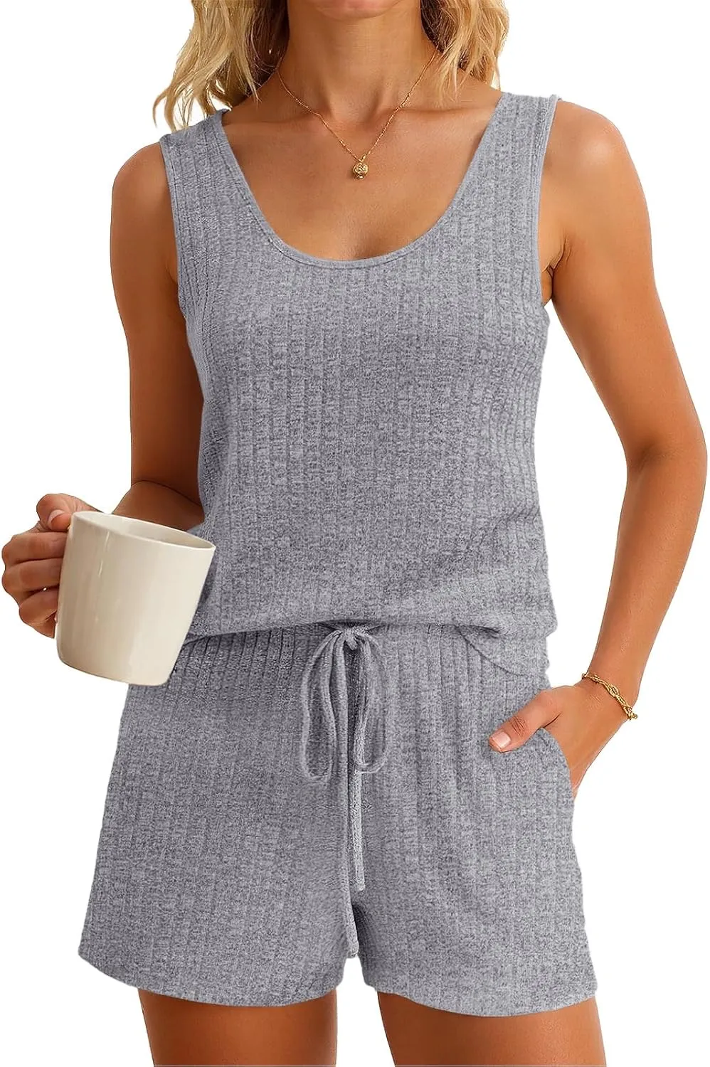 Imily Bela Womens Pajama Sets 2 Piece Sleeveless Summer Pjs Ribbed Knit Tank Top and Shorts Cute Lounge Sleepwear