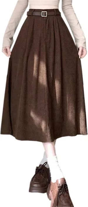 Joe Wenko Womens Corduroy Skirts Vintage High Waist Long Pleated A-line Midi Skirt with Pockets