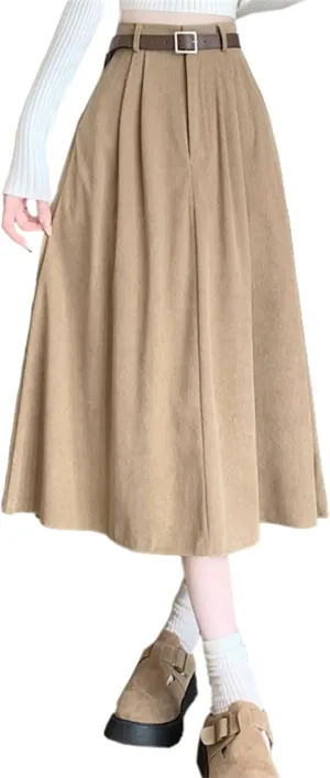 Joe Wenko Womens Corduroy Skirts Vintage High Waist Long Pleated A-line Midi Skirt with Pockets