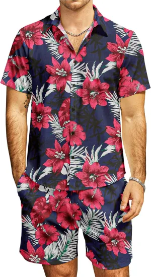 JOGAL Men's Flower Casual Button Down Short Sleeve Hawaiian Shirt Suits