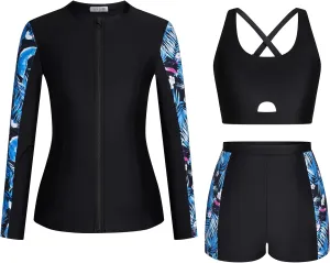 Kate Kasin Women's 3 Piece Rash Guard UV Sun Protection Long Sleeve Swimsuits Built-in Bra Zip Up Swim Shirts with Boyshorts