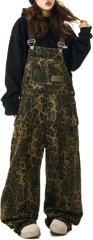 Leopard Print Jeans Denim Jumpsuit Baggy Overalls For Women Y2k Romper Grung Pants Animal Print Pants