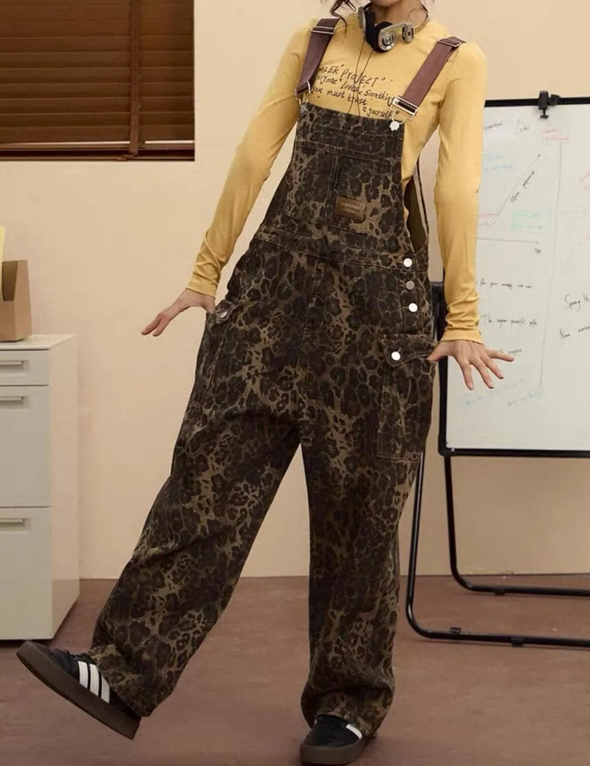 Leopard Print Jeans Denim Jumpsuit Baggy Overalls For Women Y2k Romper Grung Pants Animal Print Pants