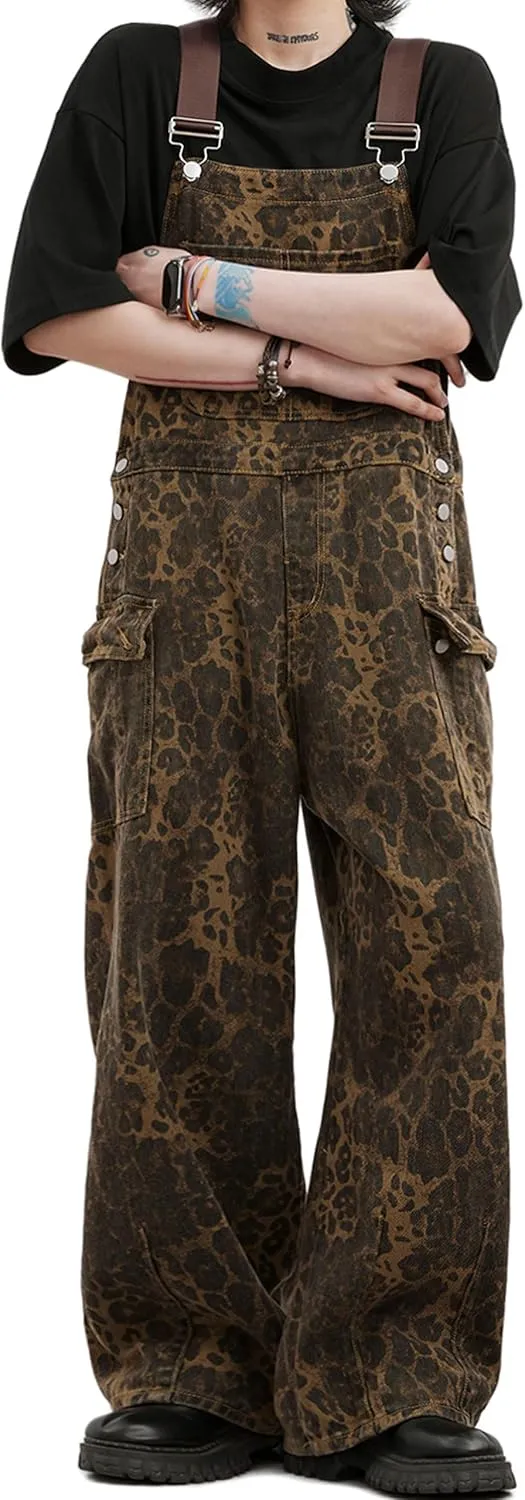 Leopard Print Jeans Denim Jumpsuit Baggy Overalls For Women Y2k Romper Grung Pants Animal Print Pants
