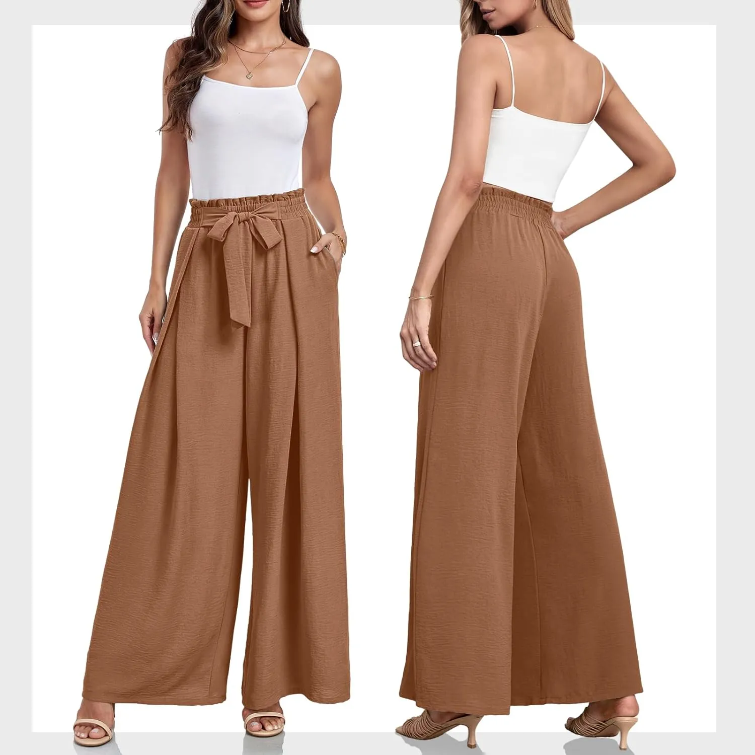 Lepunuo Wide Leg Pants for Women High Waisted Palazzo Pants Work Casual Flowy Tie Knot Trousers with Pockets