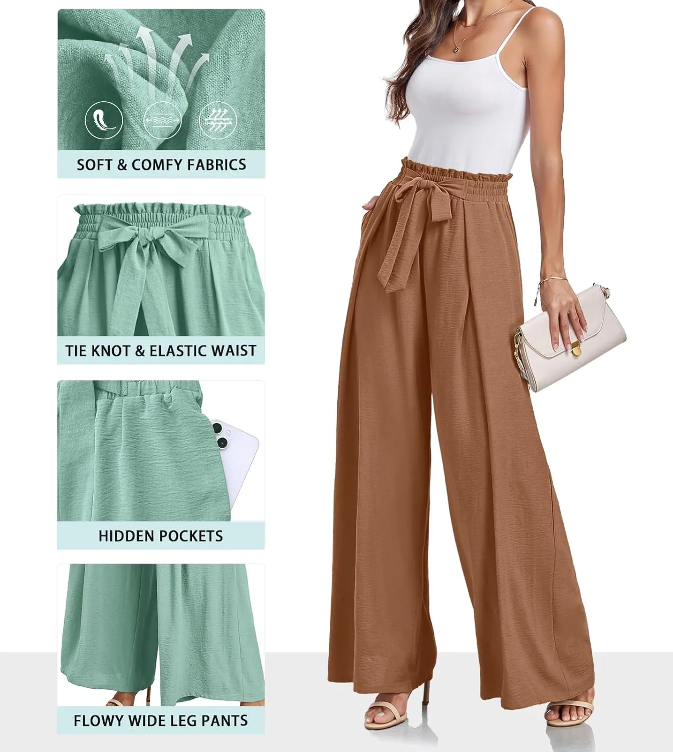 Lepunuo Wide Leg Pants for Women High Waisted Palazzo Pants Work Casual Flowy Tie Knot Trousers with Pockets