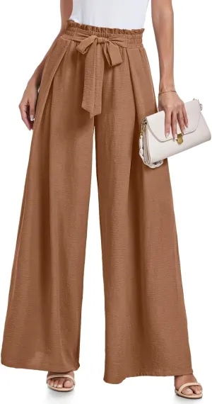 Lepunuo Wide Leg Pants for Women High Waisted Palazzo Pants Work Casual Flowy Tie Knot Trousers with Pockets
