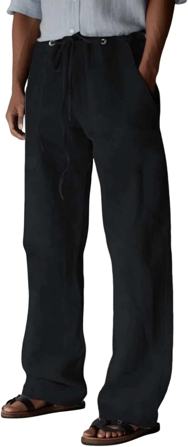linen pants for men big and tall, beach trousers for men, Linen Pants for Men Loose Fit, Mens Casual Straight Legs Pants Elastic Waist Trousers Summer Yoga Beach Pants