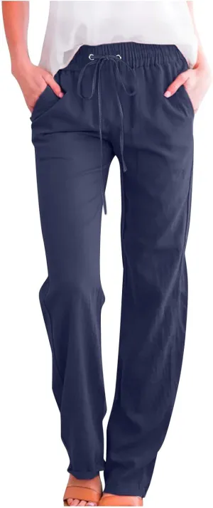 Linen Pants for Women Dressy Casual High Waisted Drawstring Pant Causal Summer Lightweight Straight Leg Lounge Trousers