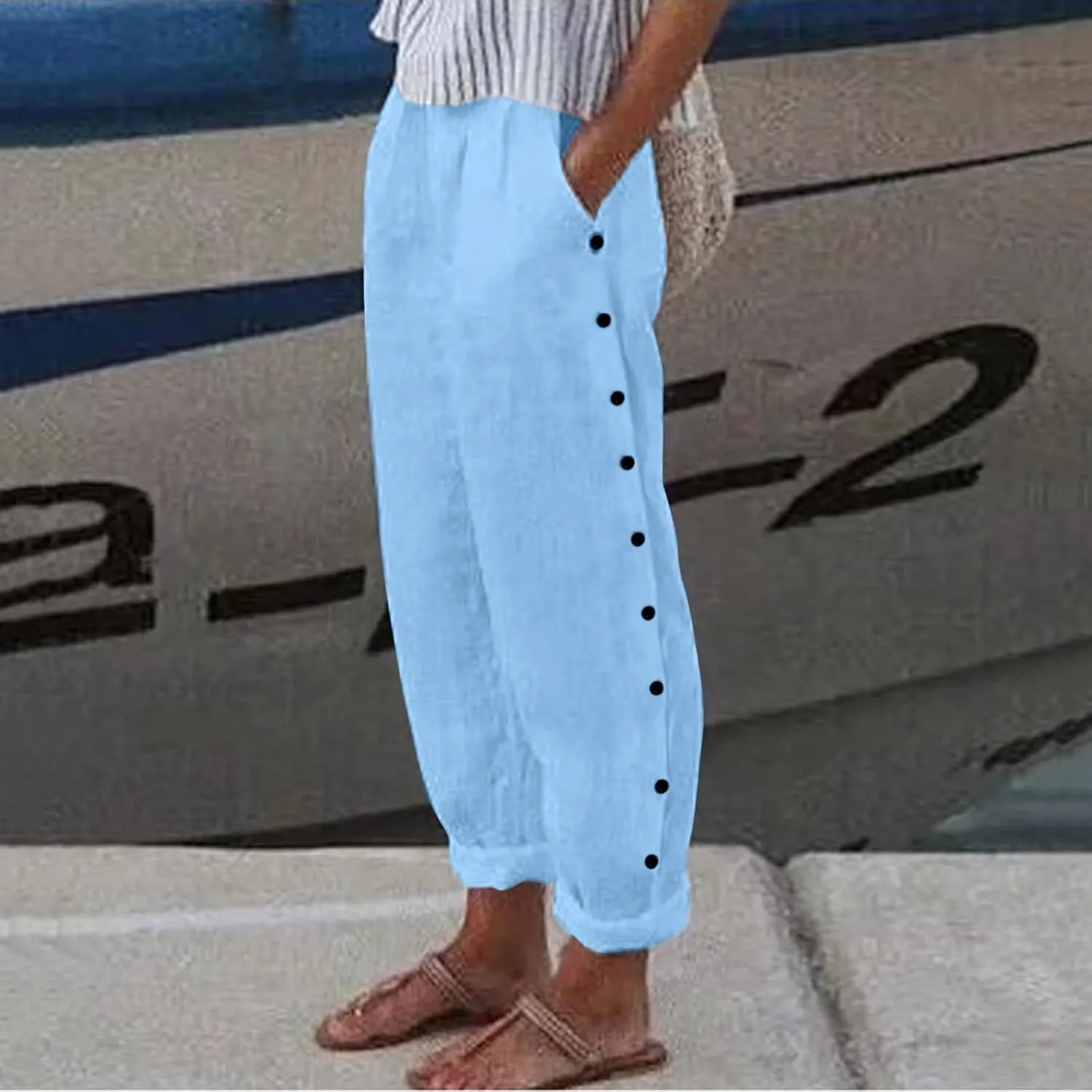 Linen Pants for Women Summer High Waisted Elastic Straight Leg Lounge Pants Casual Loose Lightweight Beach Trousers