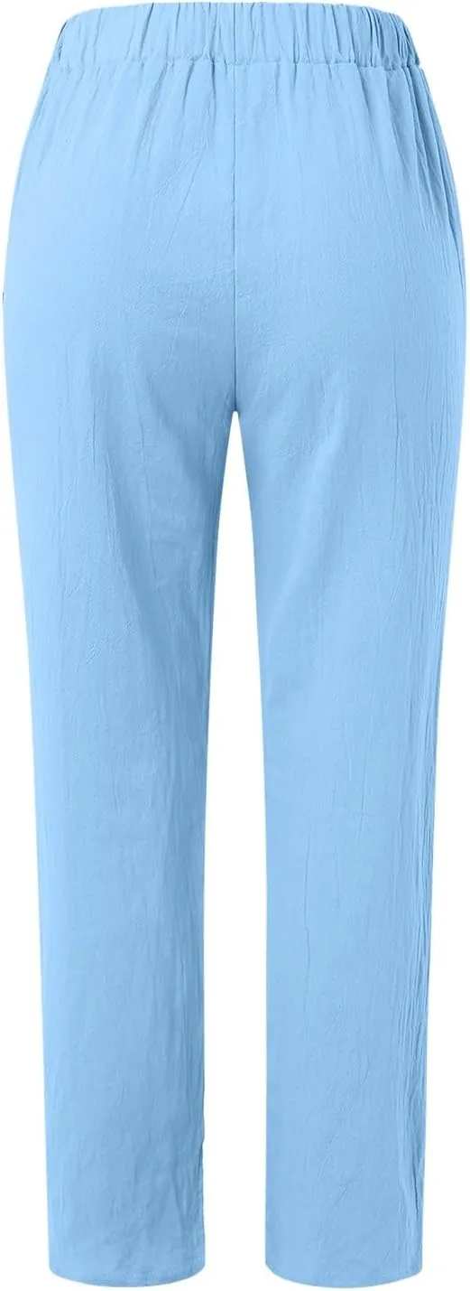 Linen Pants for Women Summer High Waisted Elastic Straight Leg Lounge Pants Casual Loose Lightweight Beach Trousers