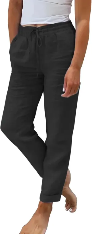 Linen Pants for Women Summer Lightweight High Waist Baggy Pants Loose Fit Comfy Straight Leg Trouser with Pockets