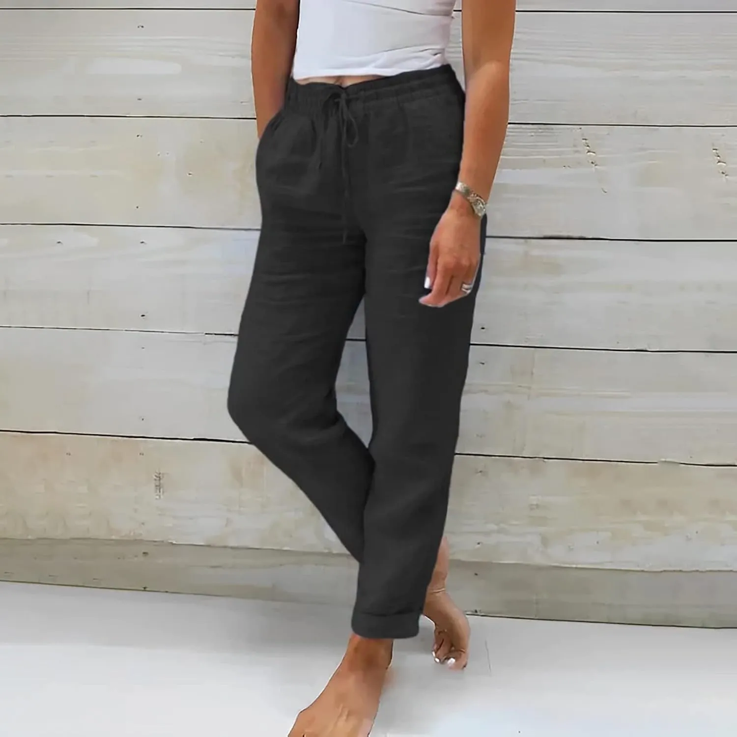 Linen Pants for Women Summer Lightweight High Waist Baggy Pants Loose Fit Comfy Straight Leg Trouser with Pockets