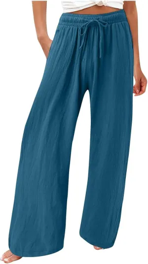 Linen Pants for Women Summer Wide Leg Palazzo Pants Drawstring Elastic Waist Loose Boho Pants Casual Beach Trousers