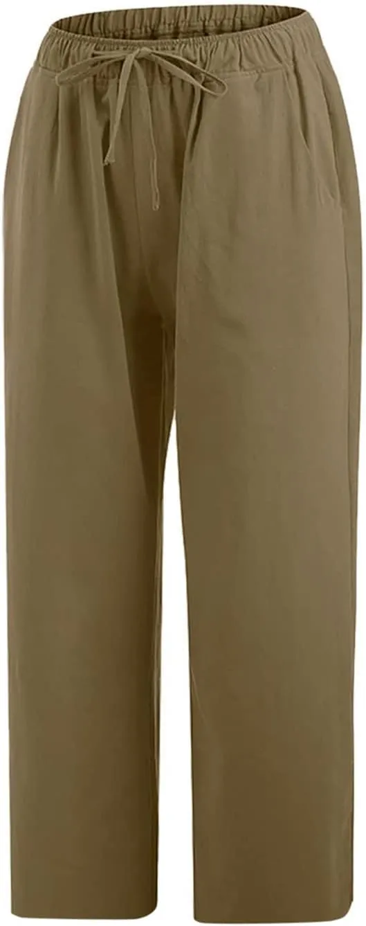 Linen Pants Women Casual Cotton Drawstring Mid Rise Wide Leg Trousers Lightweight Summer Beach Palazzo Capris Pants