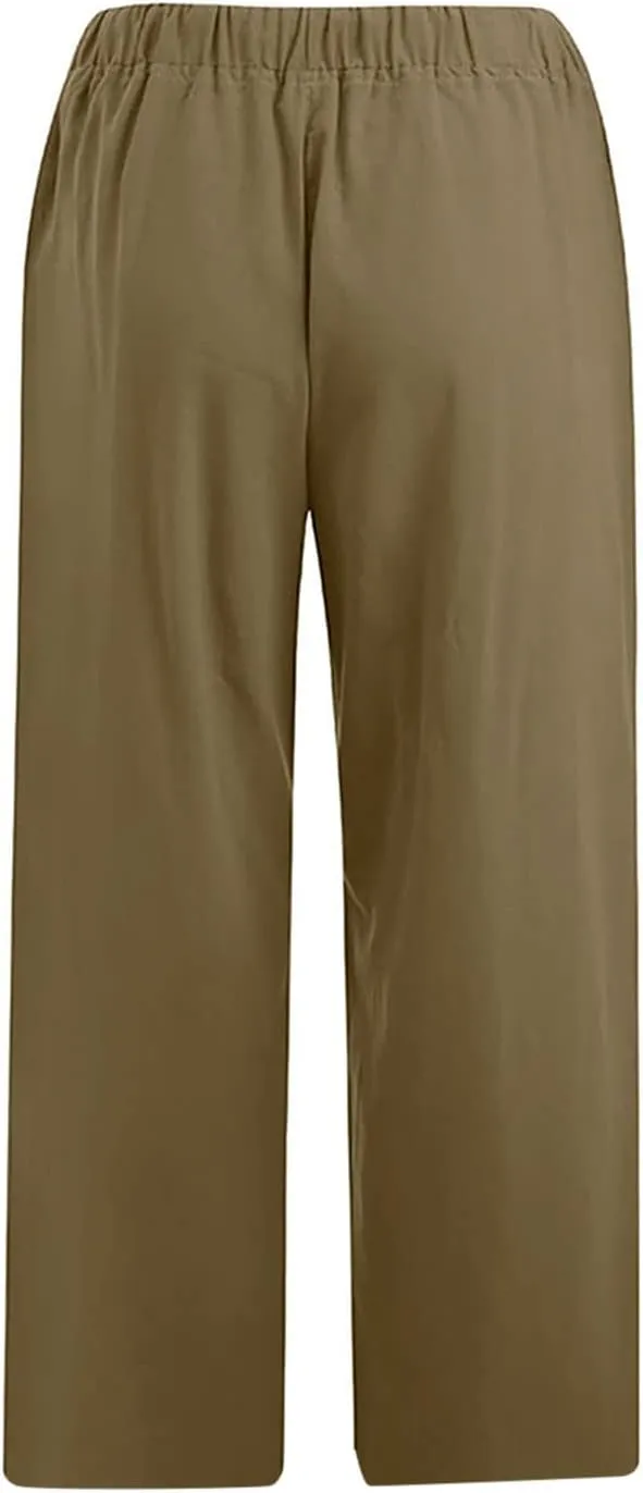 Linen Pants Women Casual Cotton Drawstring Mid Rise Wide Leg Trousers Lightweight Summer Beach Palazzo Capris Pants