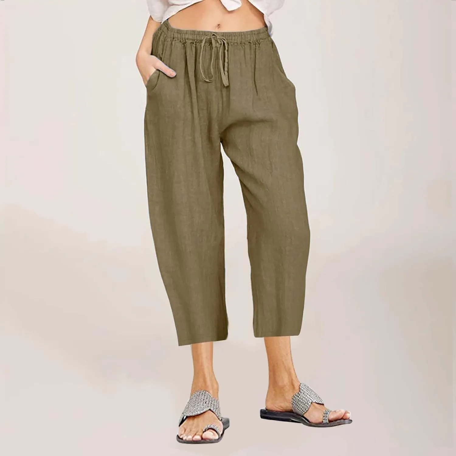 Linen Pants Women Casual Cotton Drawstring Mid Rise Wide Leg Trousers Lightweight Summer Beach Palazzo Capris Pants