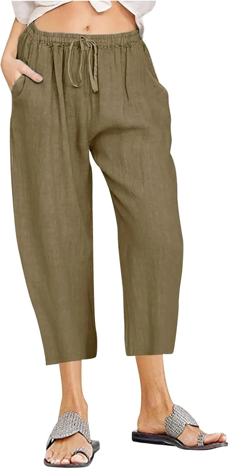 Linen Pants Women Casual Cotton Drawstring Mid Rise Wide Leg Trousers Lightweight Summer Beach Palazzo Capris Pants