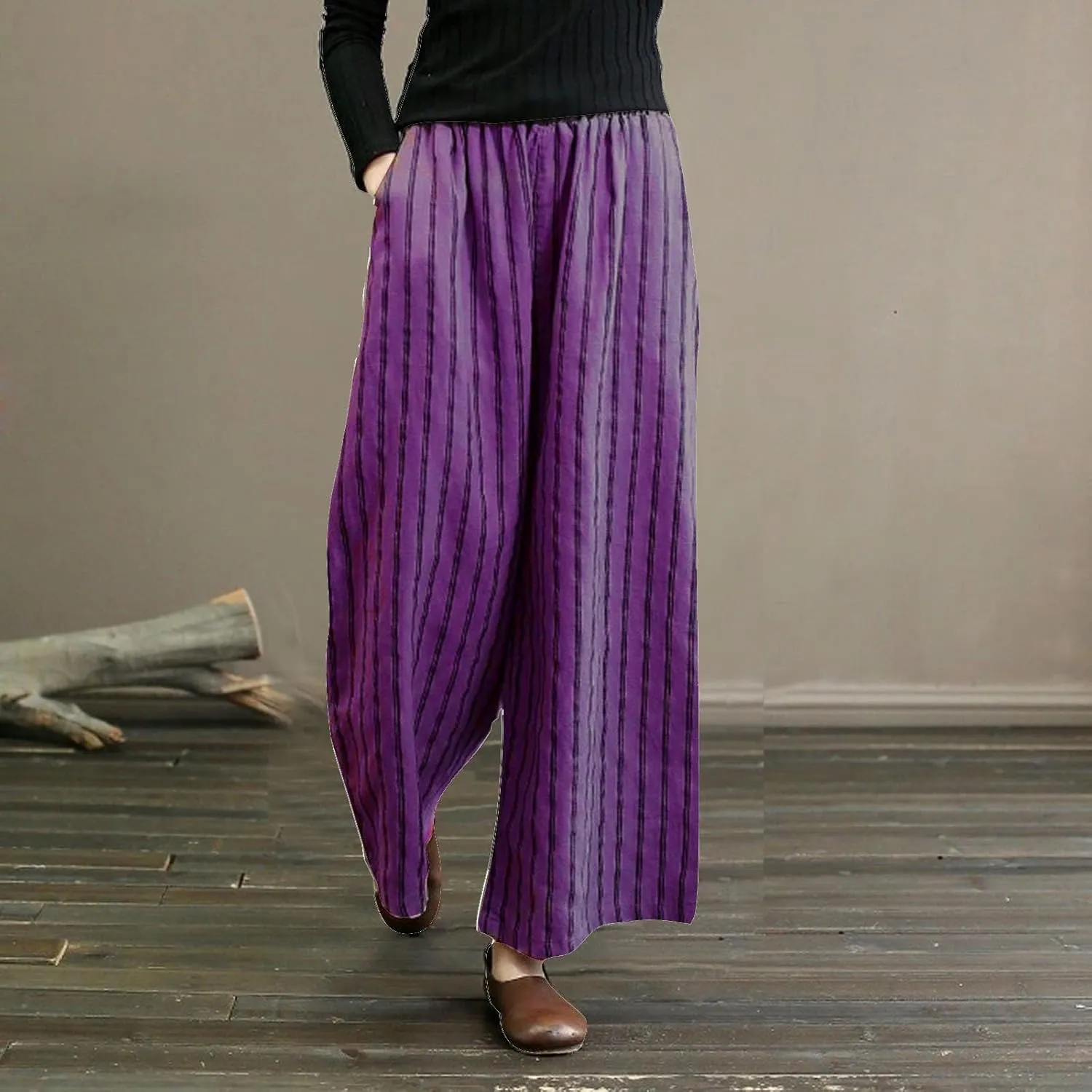 Linen Pants Women Summer Casual Loose Travel Wide Leg Flowy Pants Boho Elastic Waist Linen Beach Pants Trousers