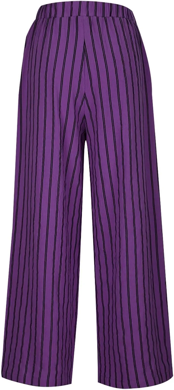 Linen Pants Women Summer Casual Loose Travel Wide Leg Flowy Pants Boho Elastic Waist Linen Beach Pants Trousers