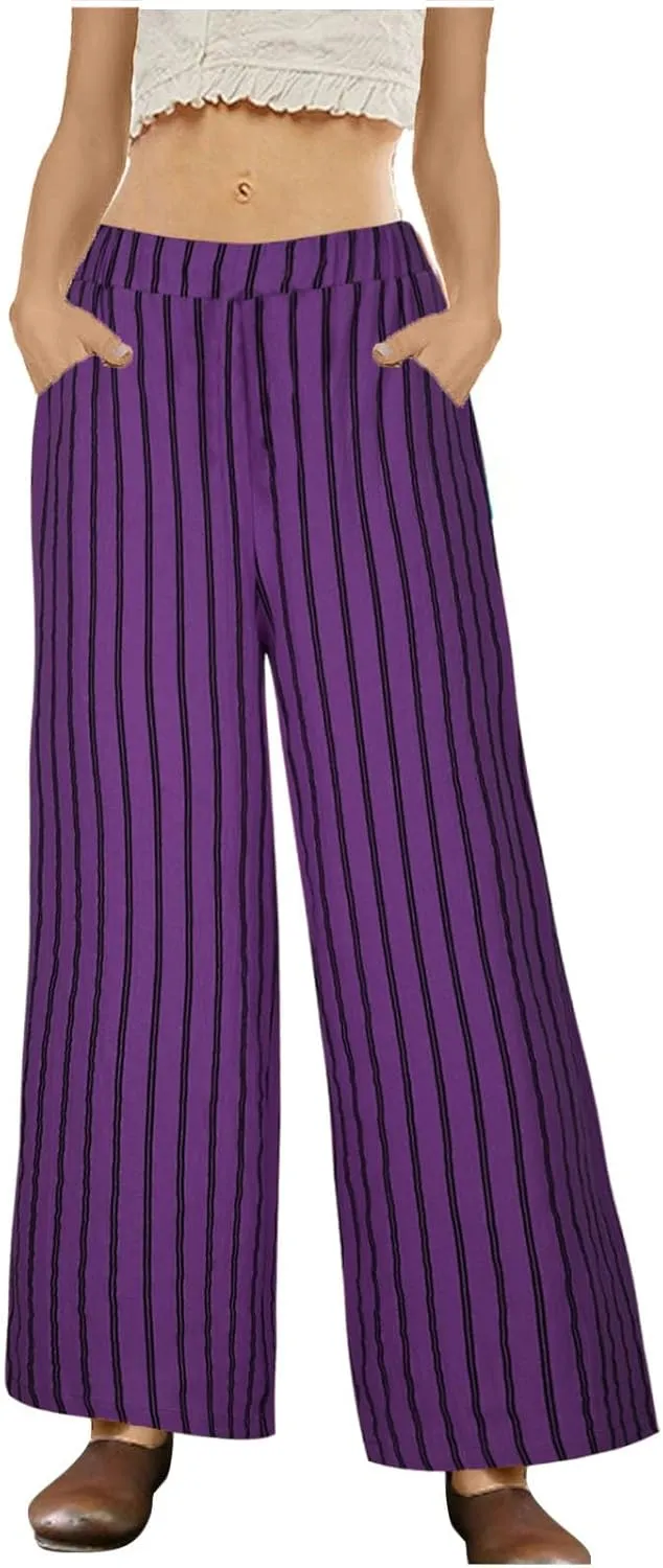 Linen Pants Women Summer Casual Loose Travel Wide Leg Flowy Pants Boho Elastic Waist Linen Beach Pants Trousers