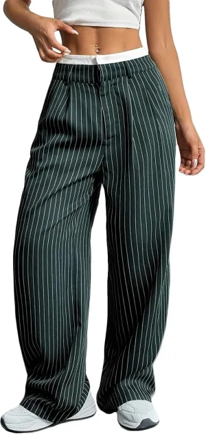 LKOUS Dress Pants Women High Waist,Casual Work Wide Leg Pant Striped Straight Trousers with Pockets