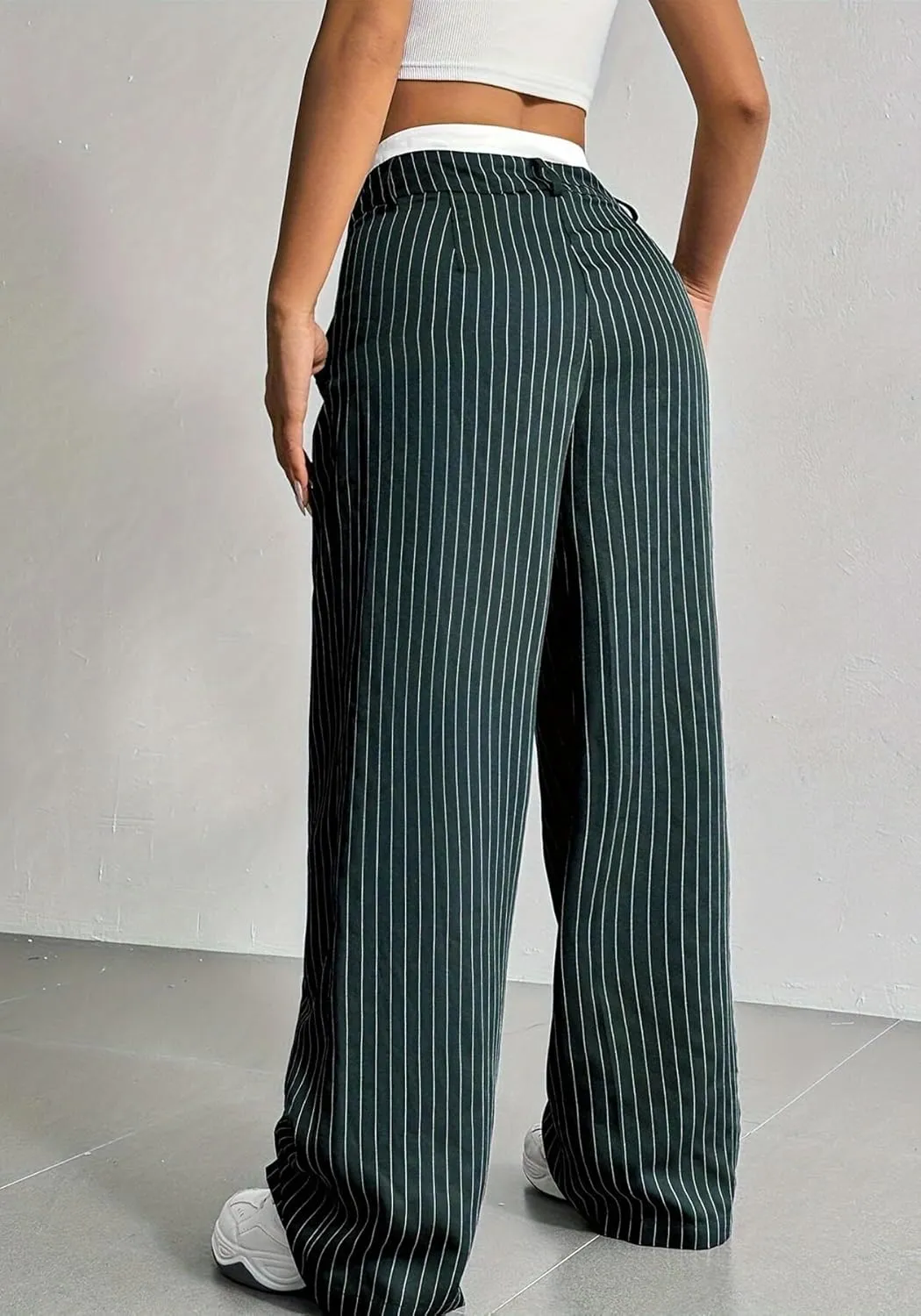 LKOUS Dress Pants Women High Waist,Casual Work Wide Leg Pant Striped Straight Trousers with Pockets