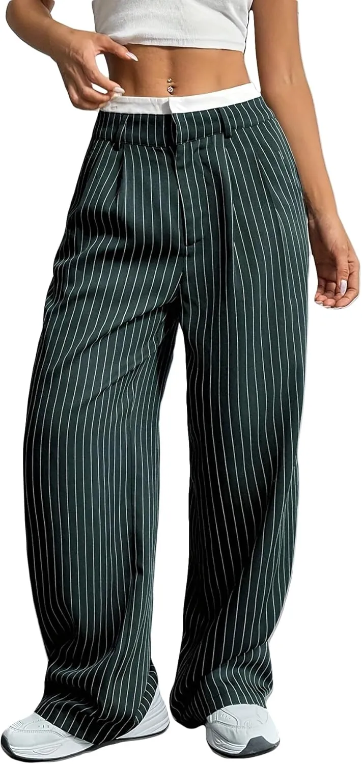 LKOUS Dress Pants Women High Waist,Casual Work Wide Leg Pant Striped Straight Trousers with Pockets