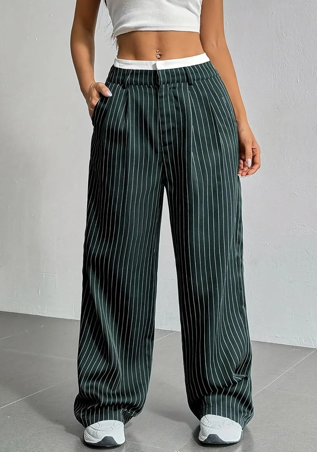 LKOUS Dress Pants Women High Waist,Casual Work Wide Leg Pant Striped Straight Trousers with Pockets