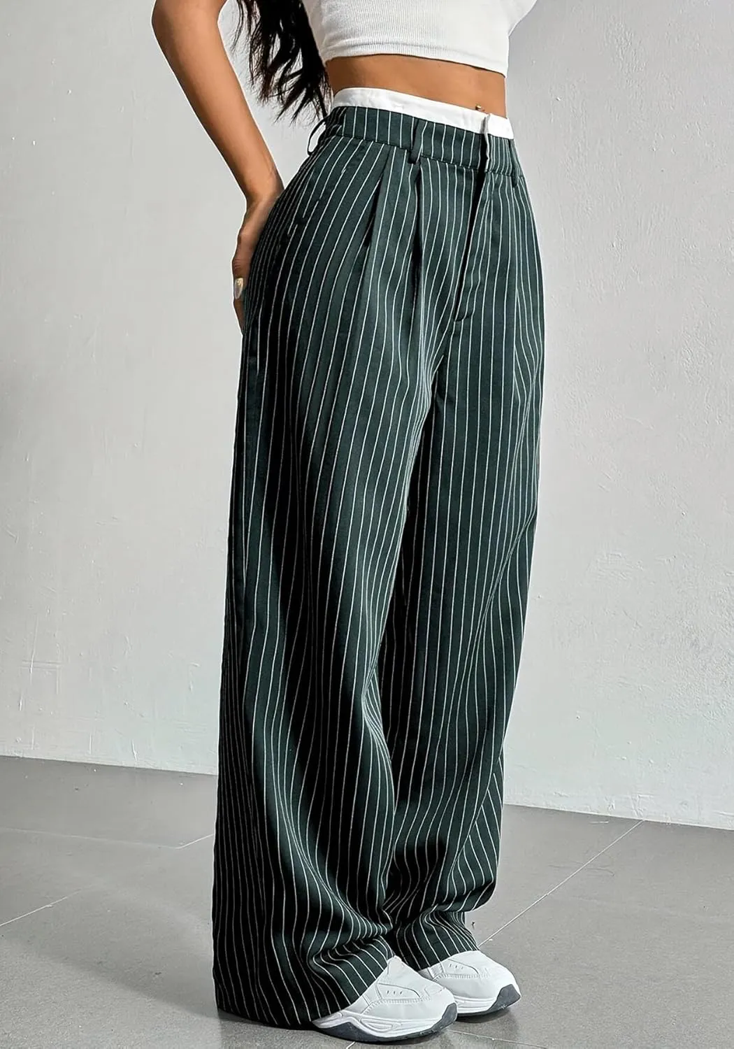 LKOUS Dress Pants Women High Waist,Casual Work Wide Leg Pant Striped Straight Trousers with Pockets