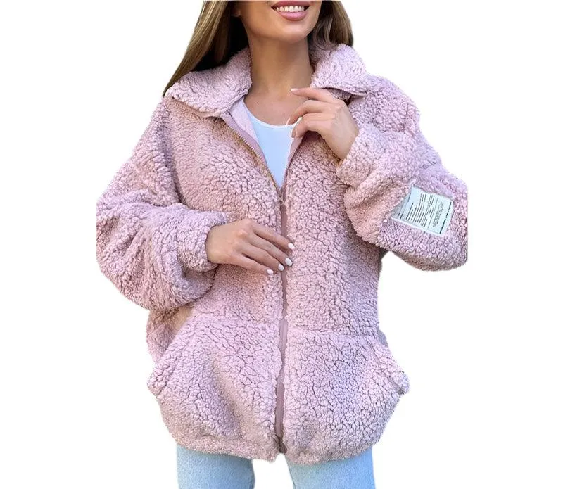 Long Sleeve  Warm Flip Collar Fashion Solid Color Pocket Jacket Coats