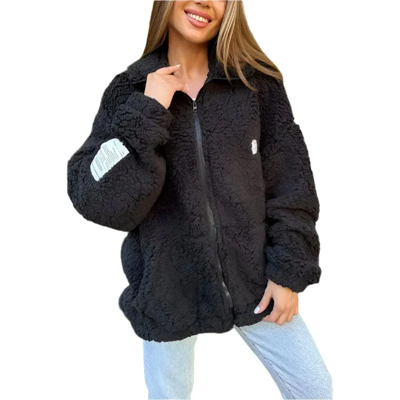 Long Sleeve  Warm Flip Collar Fashion Solid Color Pocket Jacket Coats