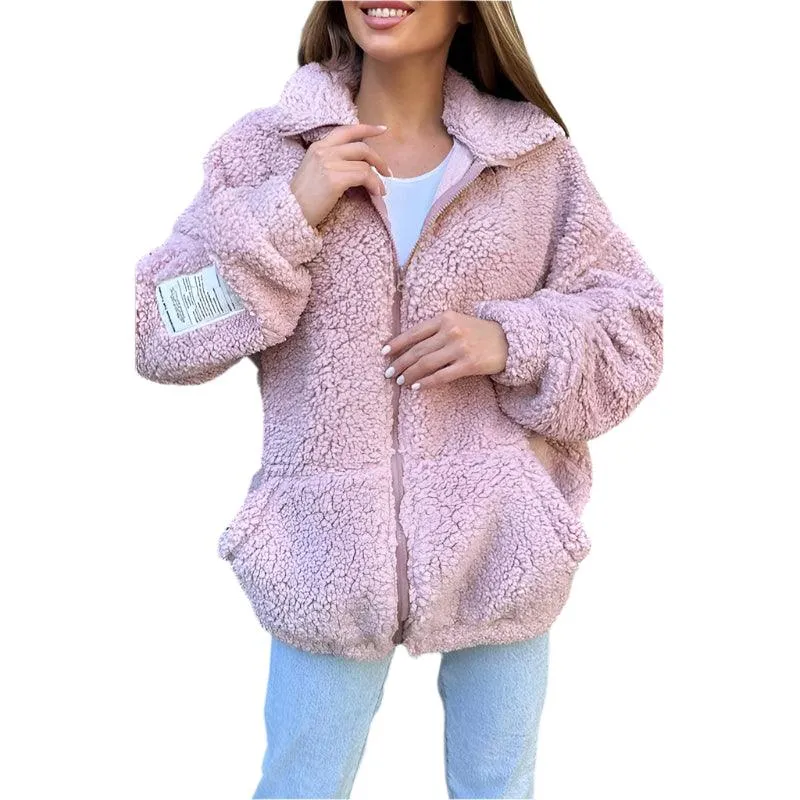 Long Sleeve  Warm Flip Collar Fashion Solid Color Pocket Jacket Coats