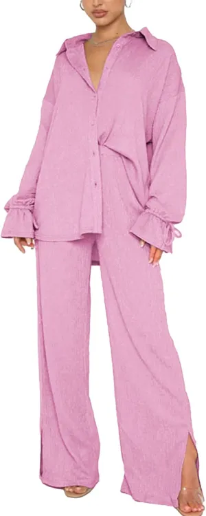 LYANER Women's 2 Piece Outfits Button Down Long Sleeve Shirt and Wide Leg Pants Set