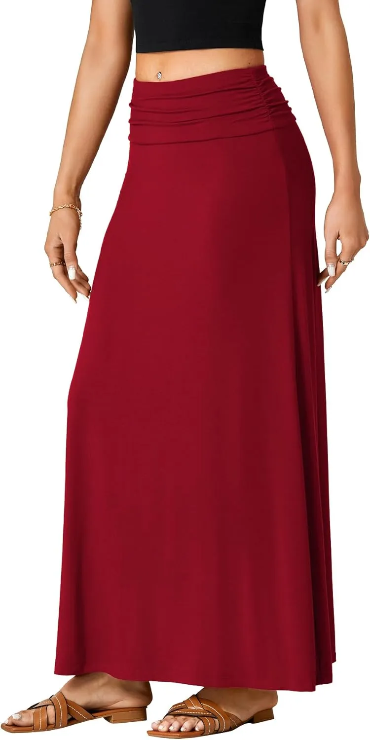 LYANER Women's Casual Ruched Elastic High Waist Flare A-Line Long Maxi Skirt