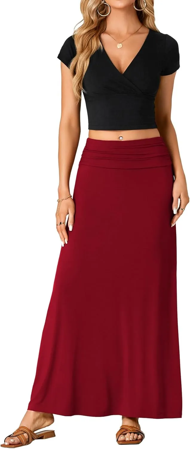LYANER Women's Casual Ruched Elastic High Waist Flare A-Line Long Maxi Skirt