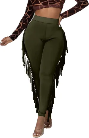 LYANER Women's High Waist Fringe Jogger Sweatpants Tassels Side Bodycon Pants