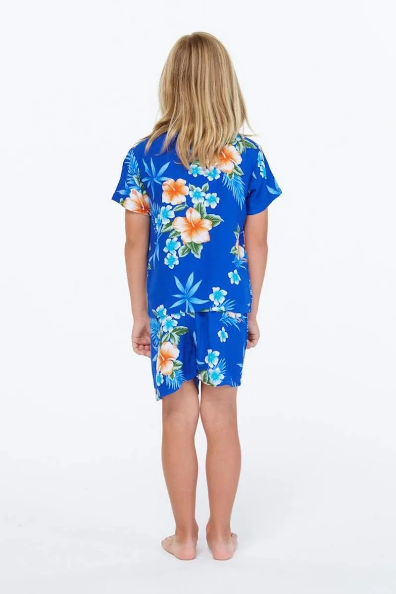 Matchable Family Hawaiian Luau Men Women Girl Boy Clothes in Hibiscus Blue