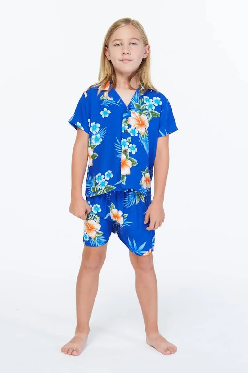 Matchable Family Hawaiian Luau Men Women Girl Boy Clothes in Hibiscus Blue