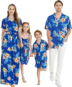 Matchable Family Hawaiian Luau Men Women Girl Boy Clothes in Hibiscus Blue