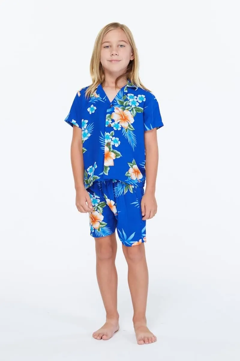 Matchable Family Hawaiian Luau Men Women Girl Boy Clothes in Hibiscus Blue