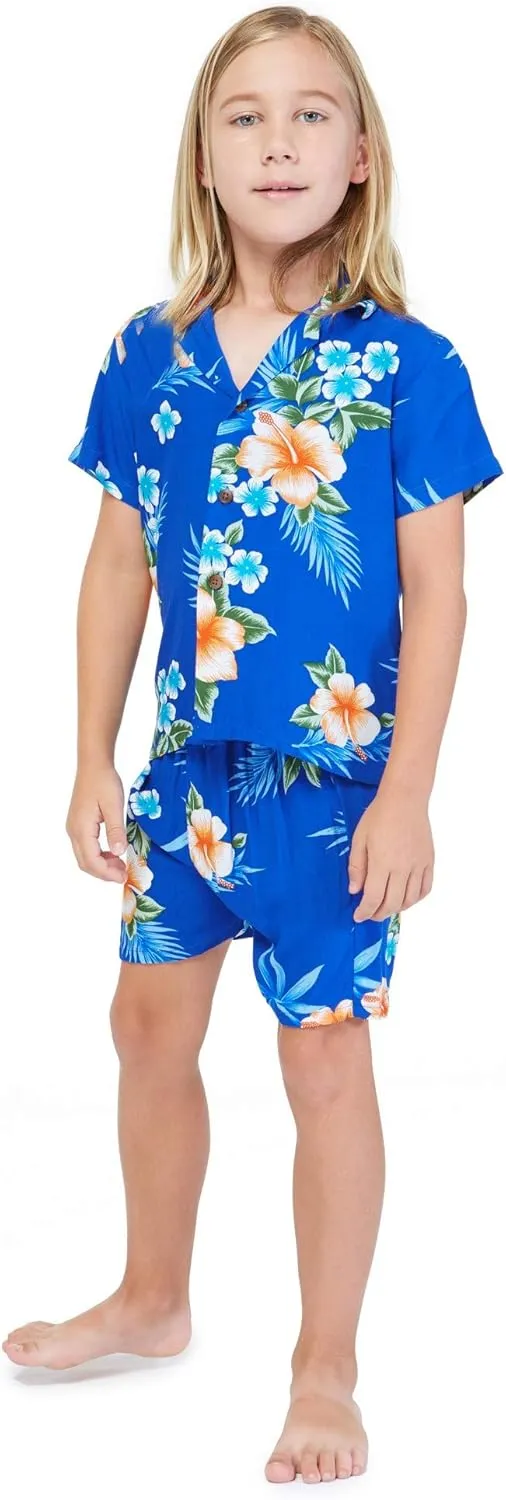 Matchable Family Hawaiian Luau Men Women Girl Boy Clothes in Hibiscus Blue