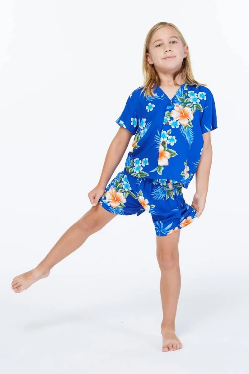 Matchable Family Hawaiian Luau Men Women Girl Boy Clothes in Hibiscus Blue