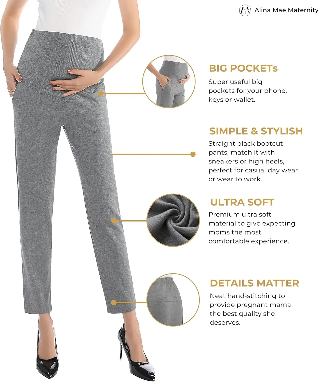 Maternity Pants Work Over The Belly with Pockets, Womens Pregnancy Dress Pants Office Clothes Trousers Stretch Summer