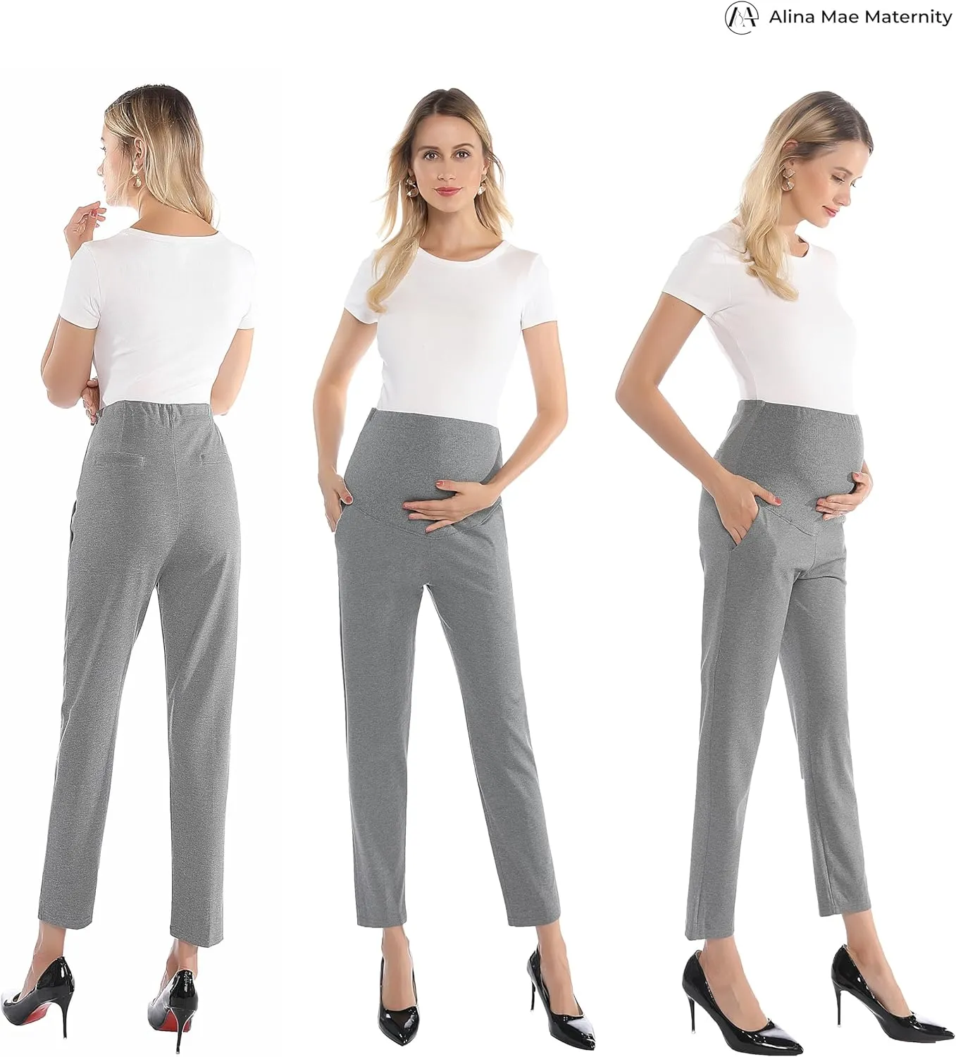 Maternity Pants Work Over The Belly with Pockets, Womens Pregnancy Dress Pants Office Clothes Trousers Stretch Summer