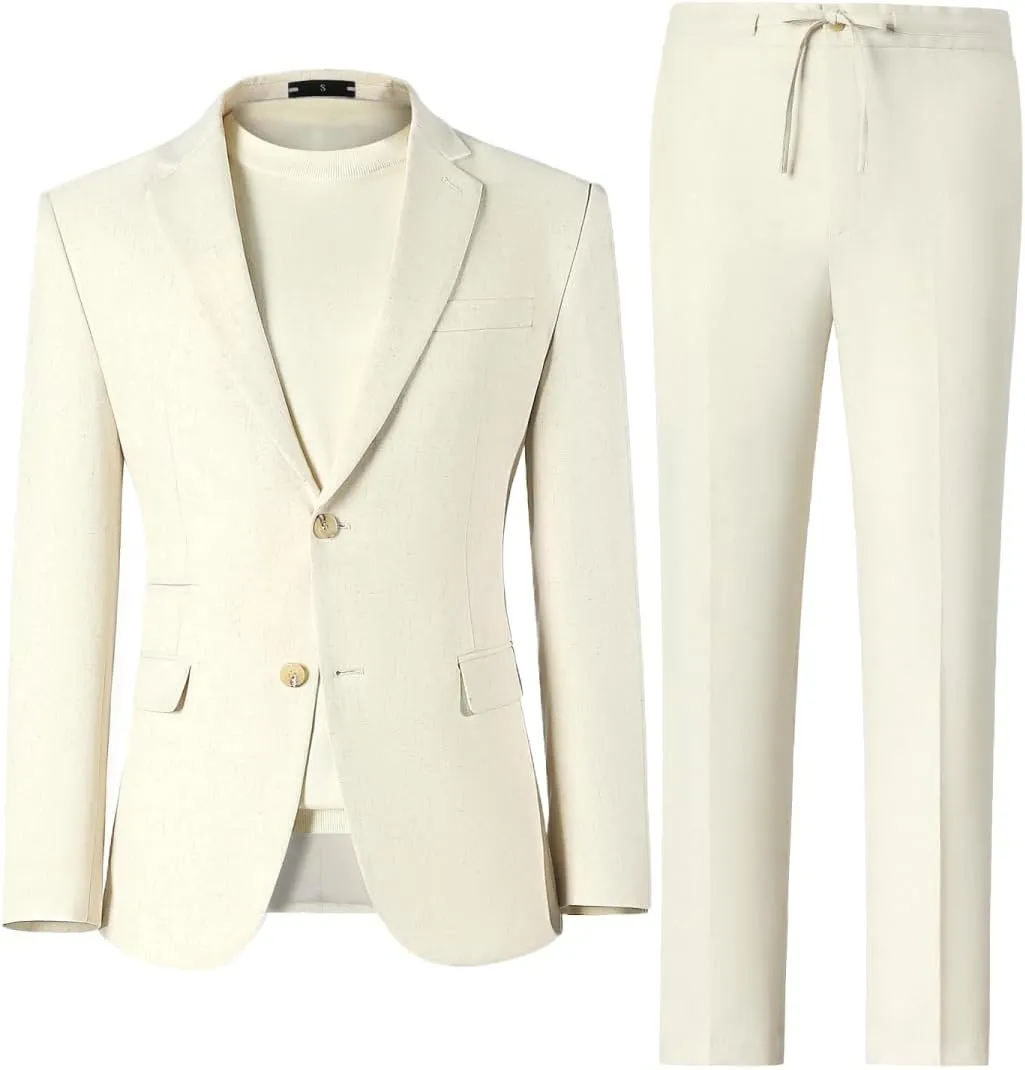Men Linen Suits 2 Piece Summer Beach Suit Casual Holiday Outfits Lightweight Groomsmen Blazer Pants Set Wedding Prom Tuxedos