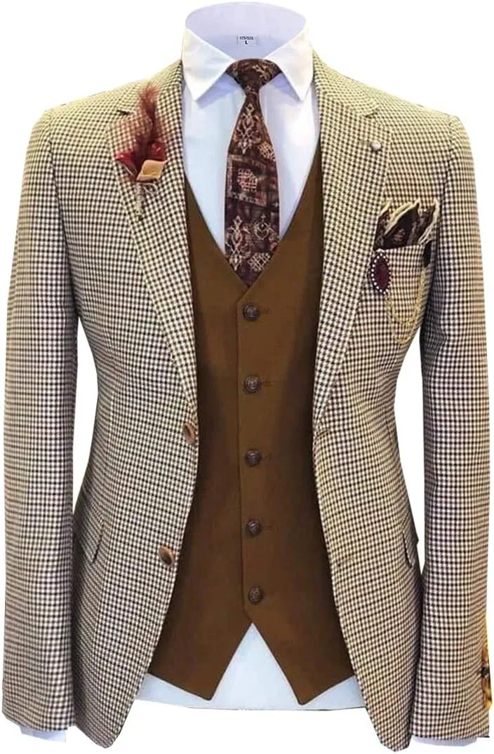 Men's 3 Piece Suit with Houndstooth Blazer Retro Tweed Scottish Tux Suit Set - Houndstooth Blazer, Pants, Vest